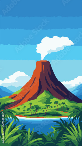 Active volcano with smoke eruption