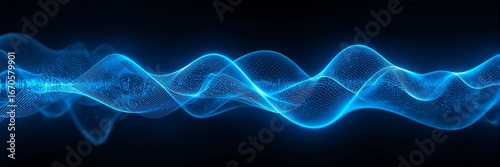 Abstract blue wave of particles on a dark background, representing energy, data, and technology with a modern and futuristic design concept