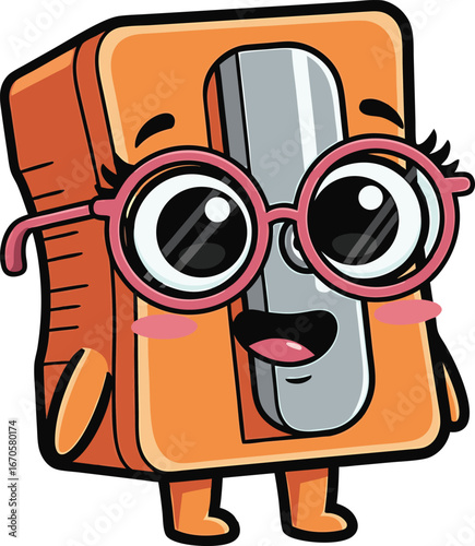 A cute cartoon pencil sharpener character smiling with glasses in a vector illustration