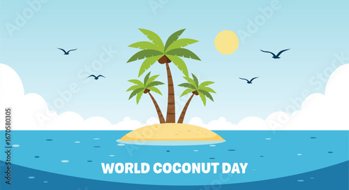 Illustration of a tropical island with palm trees in a blue ocean under a sunny sky, celebrating World Coconut Day.