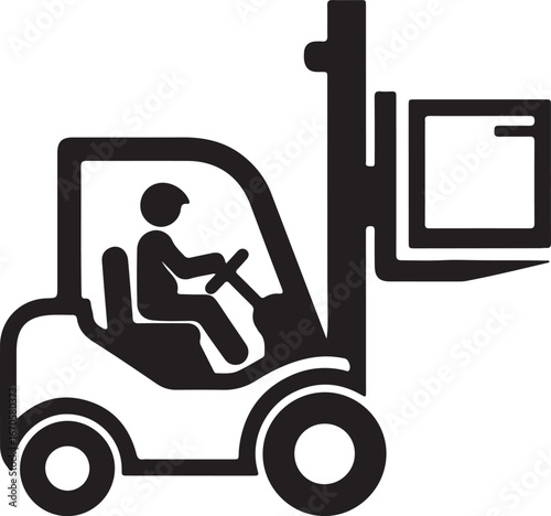 Forklift with driver holding box silhouette vector graphic