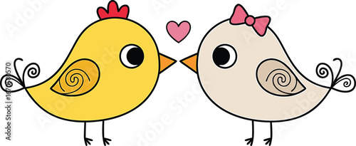 Adorable cartoon birds sharing a kiss with a pink heart on a plain white background
