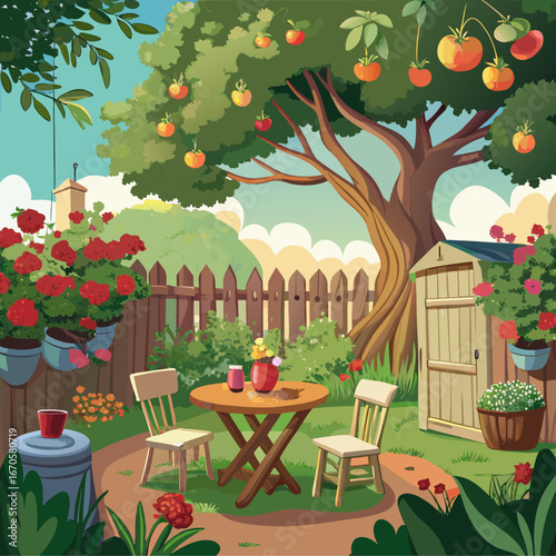 Charming backyard garden scene with apple tree and seating area