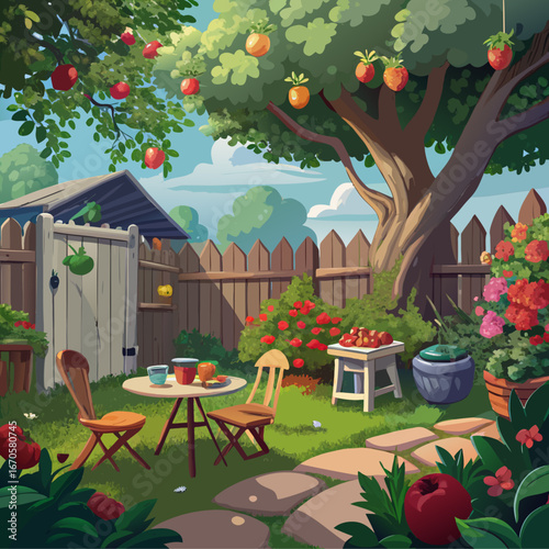 Charming backyard garden scene with apple tree and seating area