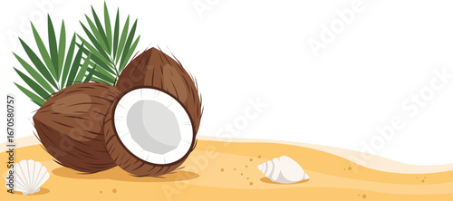 Two coconuts, one halved, with palm leaves and seashells on a sandy beach.