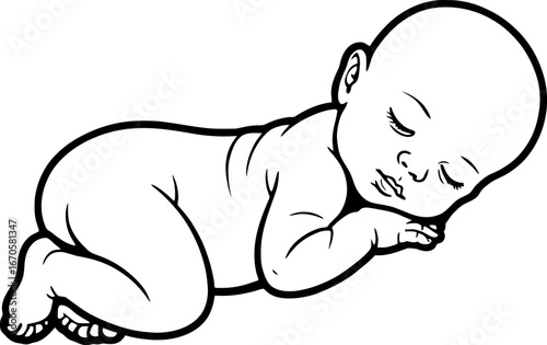 Sleeping Baby Line Art - Peaceful Newborn in Black and White