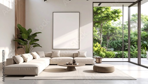 Modern Minimalist Living Room with White Sofa and Large Glass Windows Showing Green Garden