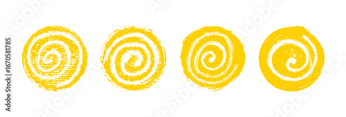Set of yellow sun circles. Collection of round spiral designs elements for school children or kindergarten kids. Creative grungy paintbrush doodles with a charcoal and pastel texture. Vector
