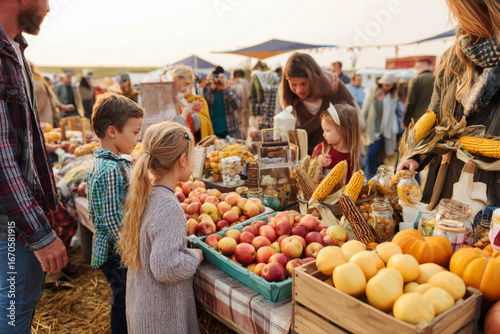 Families gather at a rustic fall harvest festival, where children discover fresh apples, pumpkins, and handmade goods surrounded by vibrant autumn colors and lively vendors