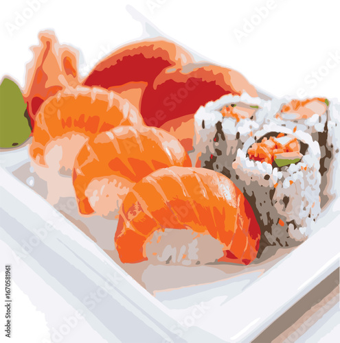 Sushi with salmon on a plate with chopsticks Japanese cuisine meal