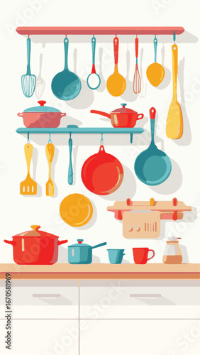 Kitchen utensils hanging on rack
