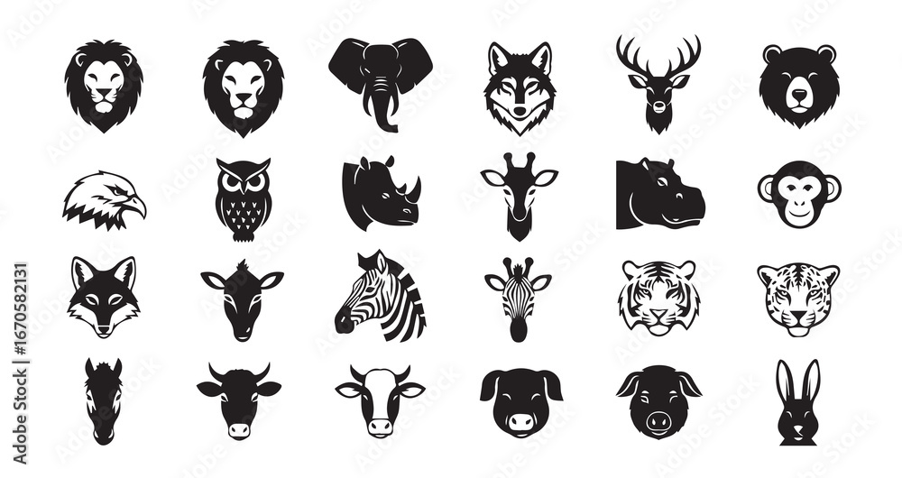 Naklejka premium Animal head silhouette icon bundle illustration