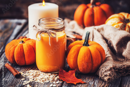 Cozy autumn setup featuring a pumpkin and banana smoothie in a jar, surrounded by mini pumpkins, a cinnamon stick, and a glowing candle, creating a warm fall ambiance