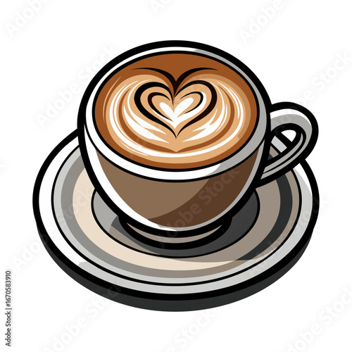 Elegant hot cappuccino coffee cup with creamy froth and latte art heart design vector illustration for café, menu, branding, decoration.