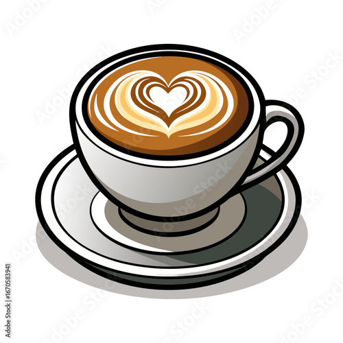 Elegant hot cappuccino coffee cup with creamy froth and latte art heart design vector illustration for café, menu, branding, decoration.
