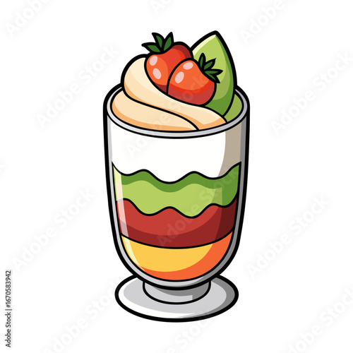 Colorful layered fruit parfait with fresh yogurt, berries, and granola in glass cup vector illustration for healthy breakfast design.
