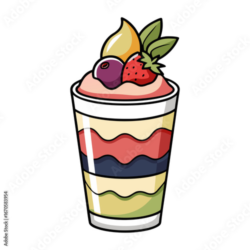 Colorful layered fruit parfait with fresh yogurt, berries, and granola in glass cup vector illustration for healthy breakfast design.