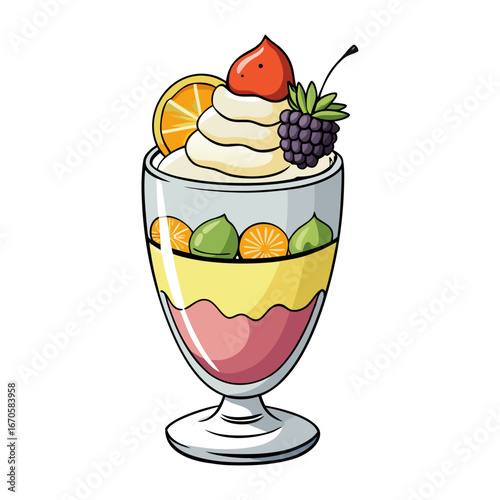 Colorful layered fruit parfait with fresh yogurt, berries, and granola in glass cup vector illustration for healthy breakfast design.