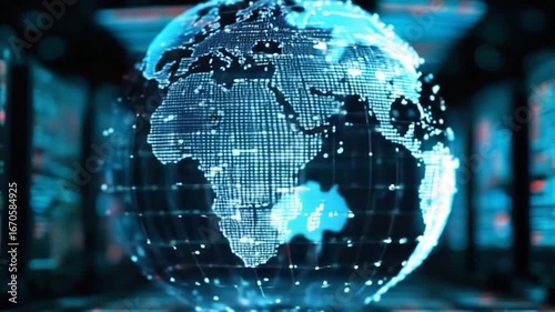 A glowing blue digital globe representing Earth with interconnected dots and lines, set against a dark, futuristic technological background.