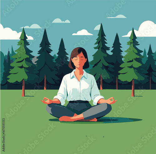 Yoga practice in nature with a woman meditating in the park and forest outdoors