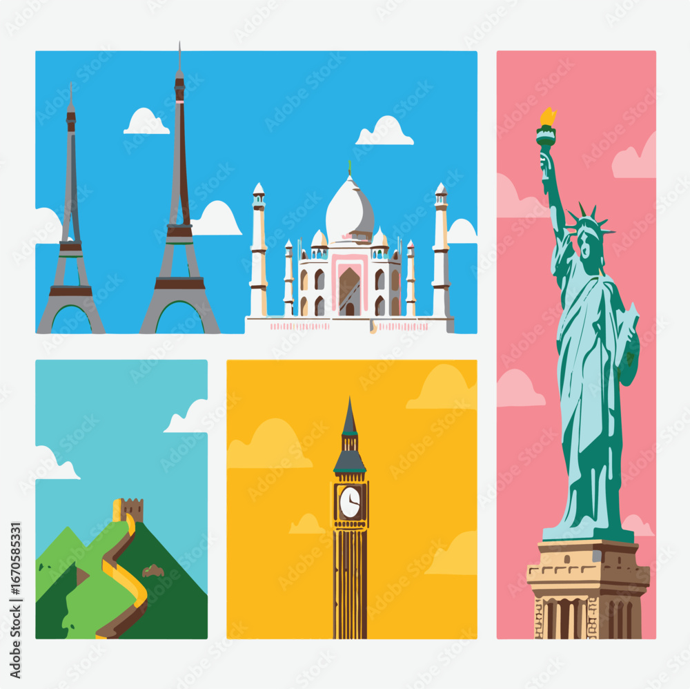 Fototapeta premium Set of famous European landmarks and monuments vector illustration including churches and iconic buildings
