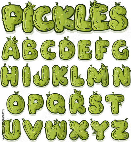 Alphabet font made of pickles, cartoon style, green textured letters, playful, whimsical, food themed typography, humorous graphic design element