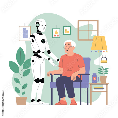 Robot assisting elderly man in chair at home with plants and decor in the background setting indoors