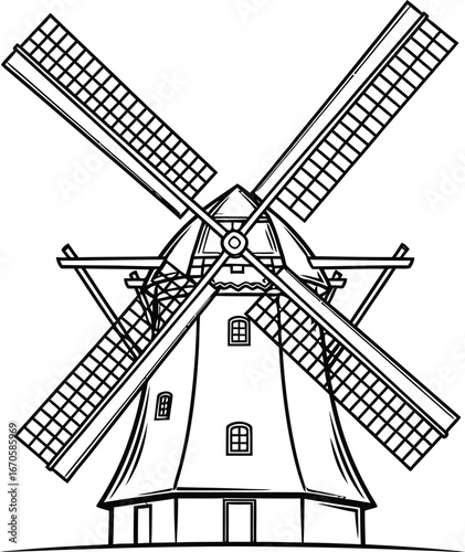 Traditional windmill illustration on a plain background, architecture