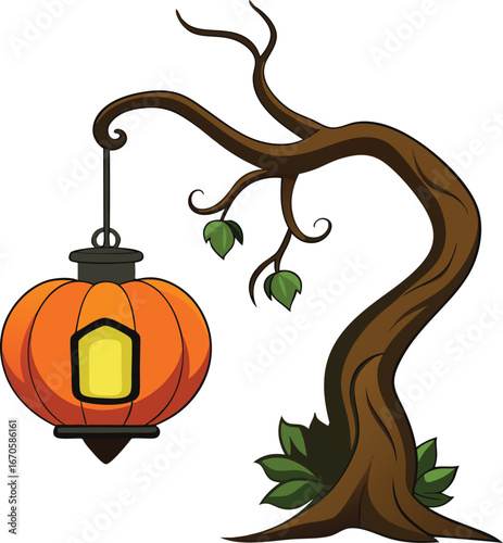 pumpkin lantern hanging from tree clean white ba