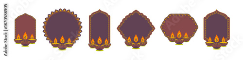 Set of Indian banners with diya for Diwali or Hindu traditional holidays. Empty frames decorated with pattern. Vector illustration.