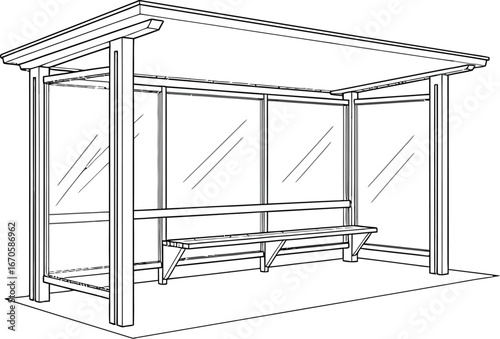 Bus stop with bench, line drawing on a plain white background