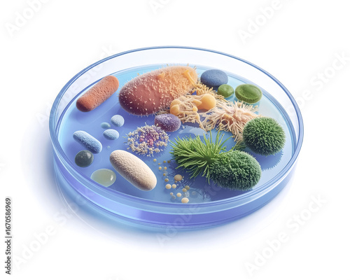 Petri dish with blue nutrient medium and enlarged abstract bacteria of different types