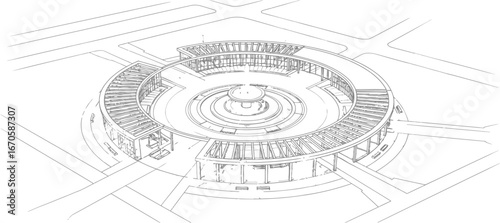 Rchitectural circular building with fountain, sketch perspective