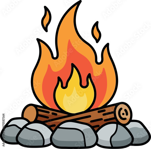 Cozy campfire illustration warm flames on logs surrounded by stones for outdoor adventure vector