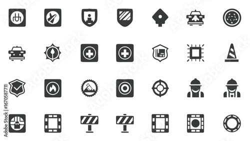 Safety and protection icons set – shield, warning, hazard, alert, badge, security, guard, rescue, shielded, caution, defense, safe signs