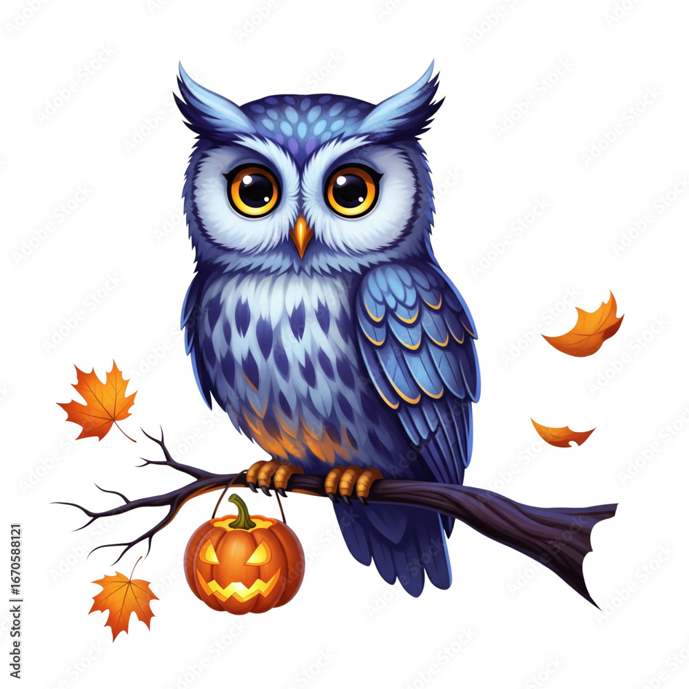 Fototapeta premium Cute blue owl with pumpkin on a branch, isolated on transparent background