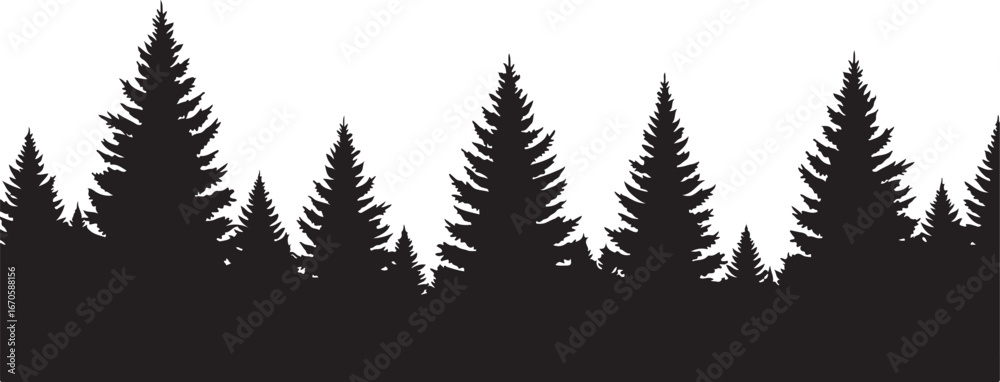 Fototapeta premium Black silhouette of a continuous line of pine trees