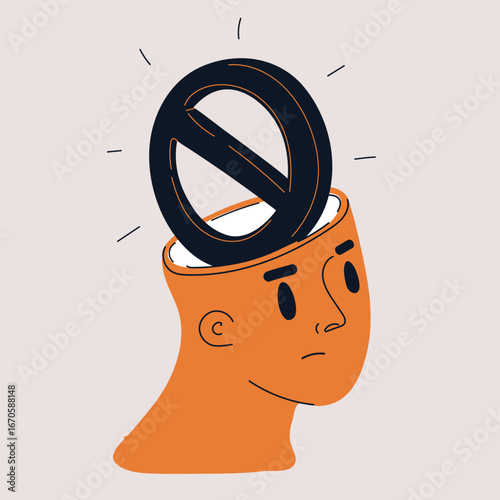 Cartoon vector illustration of head with forbidden sign, symbolizing restriction, censorship, and mental barriers
