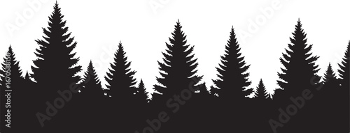 Black silhouette of a continuous line of pine trees