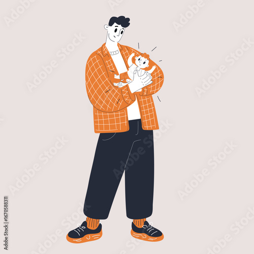 Vector illustration of father holding baby, symbolizing family, care, and parental love