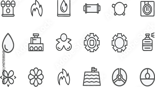 Energy and utility outline icons set with water drops, fire flames, gears, flowers, machine parts, eco fuel, power and industrial symbols