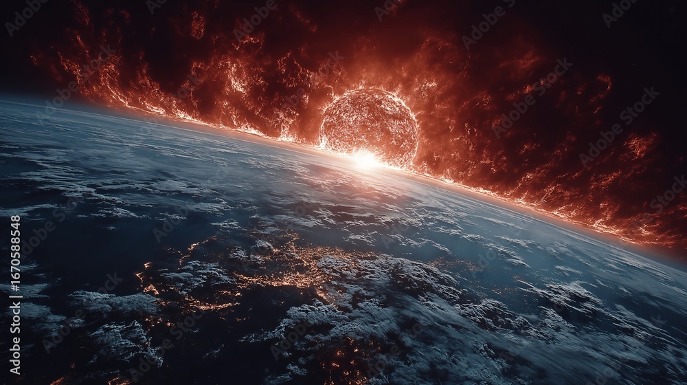 Naklejka premium Fiery sun rises dramatically over Earth horizon, casting intense orange and red light across clouds and continents, evoking awe and cosmic wonder in cinematic, science fiction style