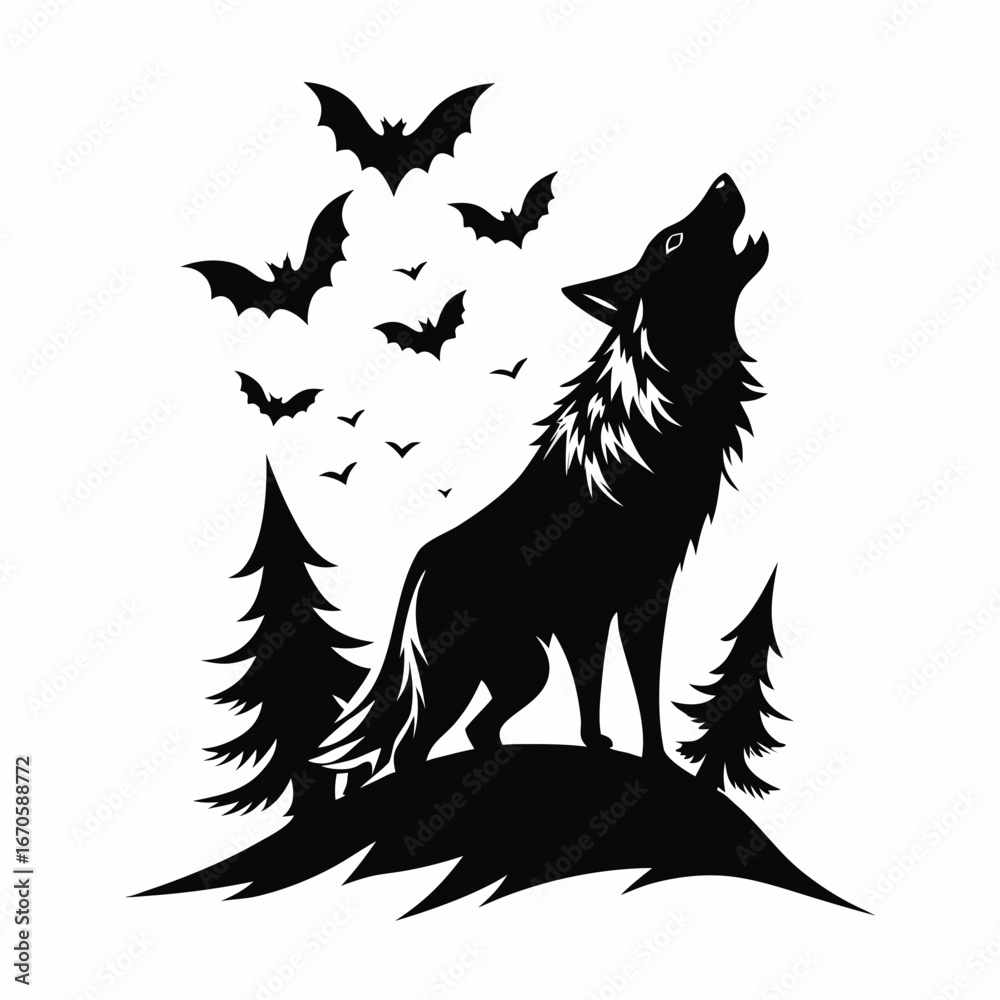 Obraz premium wolf howling with bats flying around silhouette