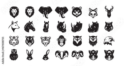 Animal head silhouette icon bundle illustration