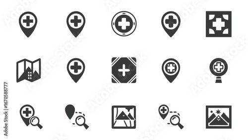 Hospital location icons pack, medical cross symbols, healthcare map markers, emergency GPS pins, first aid signs, pharmacy direction graphics