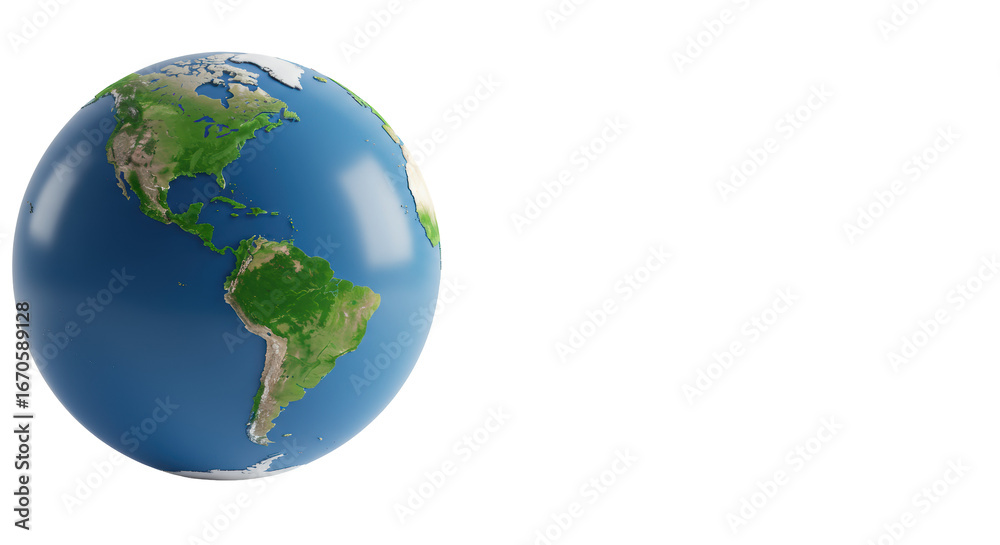 Fototapeta premium Pristine 3D photorealistic Earth globe with vibrant green Americas, deep blue oceans, subtle textures, high-key studio lighting on transparent background with copy space, concept of global innovation
