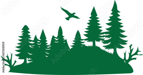 Green silhouette of a forest with a flying bird trees