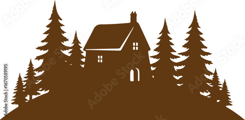 Brown silhouette of a house nestled among pine trees