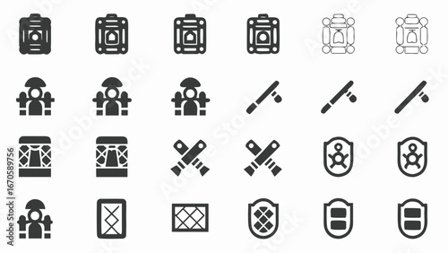 Emergency safety and medical icons set with first aid kit, rescue team, protective shield, safety gear, healthcare tools, and hospital support