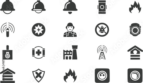 Firefighting and safety icons set with fire alarms, firefighter, flame symbols, shield, emergency rescue, protection, alert, and hazard signs.